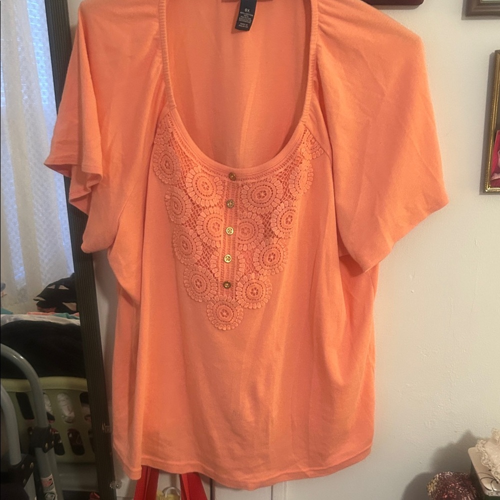Karen Scott Peach Crochet Accent Blouse